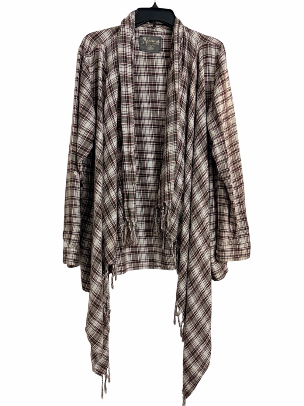 Natural Reflections Brown and Cream Plaid Open-Front Fringe Cardigan